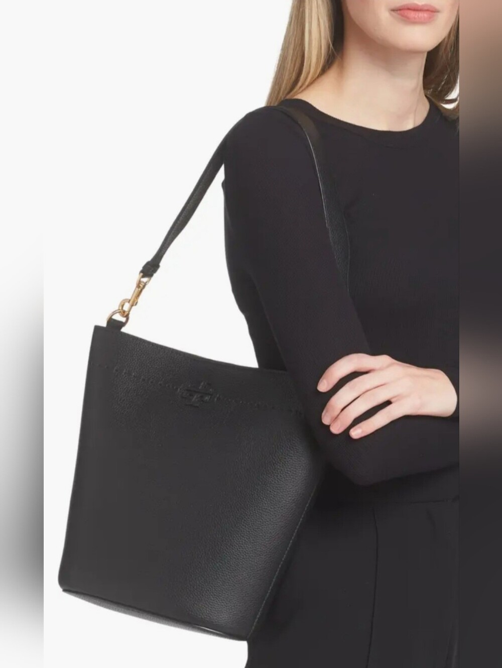 Tory Burch McGraw Black Pebbled Leather Bucket Crossbody/Shoulder Bag - Picture 9 of 16